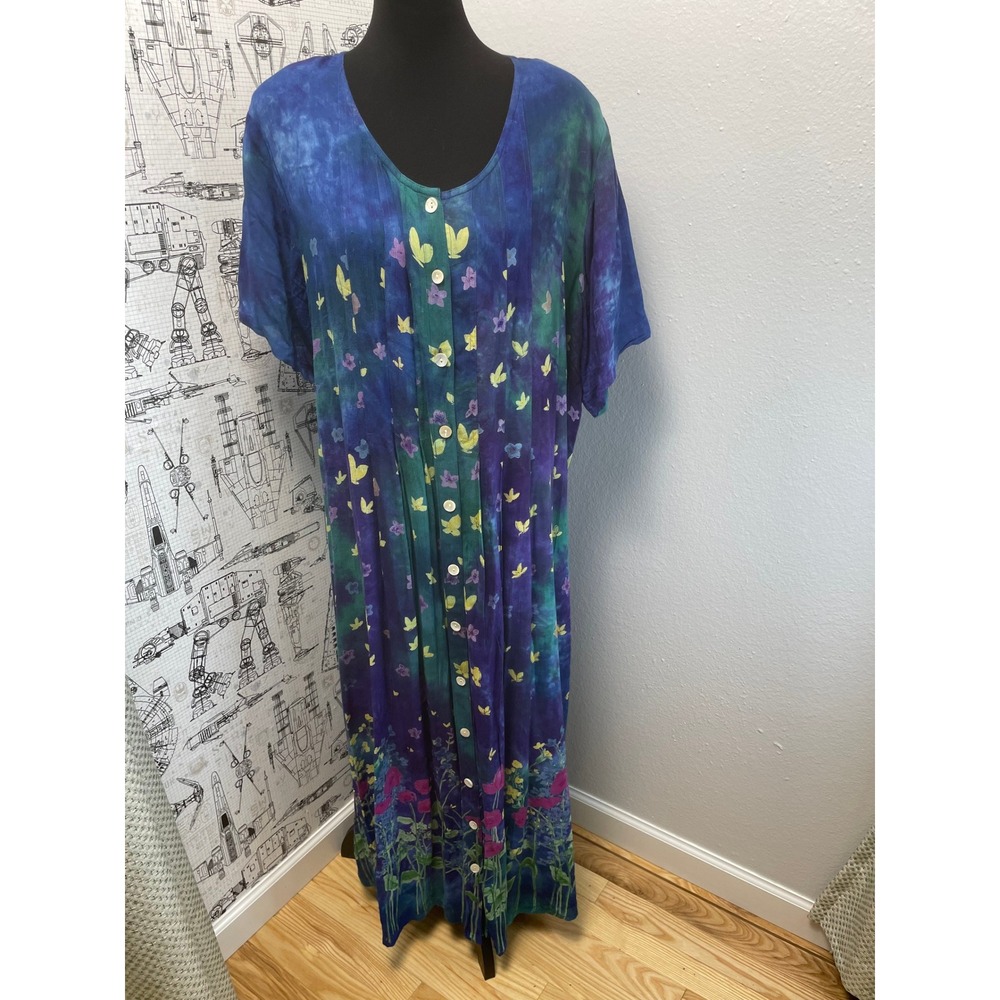 La Cera Maxi Dress Floral Tie Dye 3XL Purple Blue Boho Butterflies Button Front